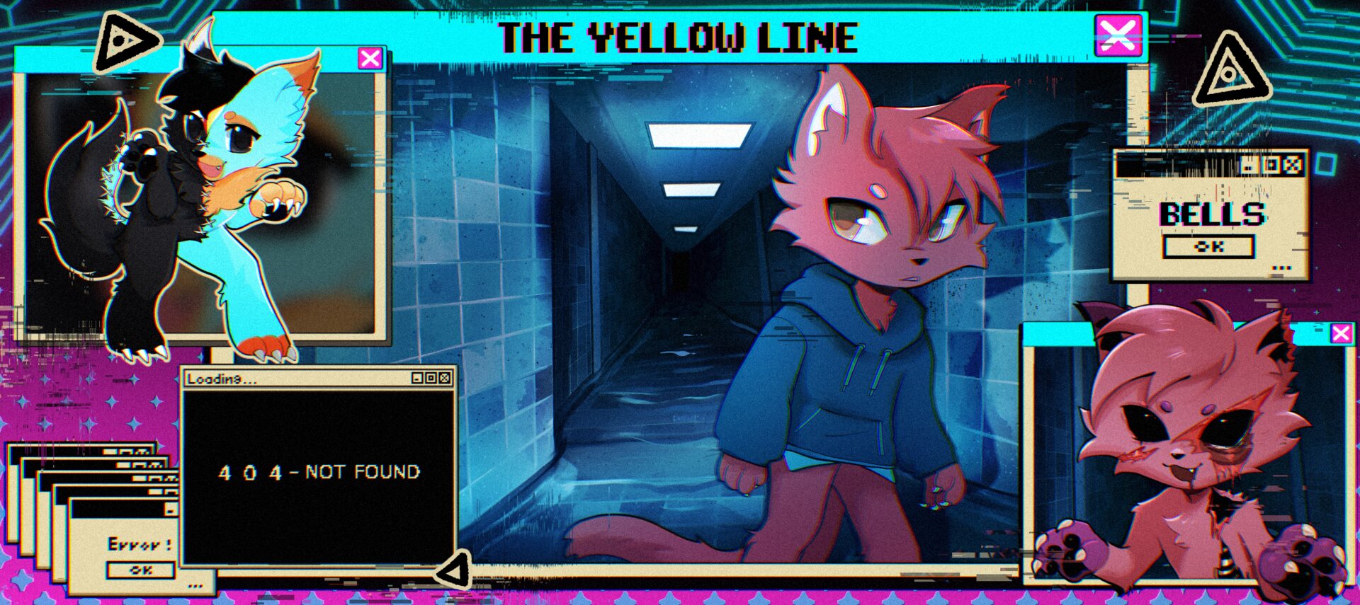 THE YELLOW LINE. BELLS in a flooded corridor, Tarkan in a second window, broken error boxes