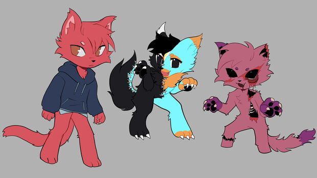 The three characters side by side, rough